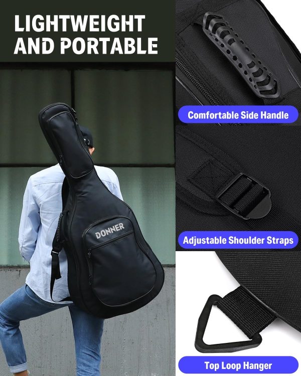 Donner 40 41 Inch Acoustic Guitar Case, 0.4 Inch Thick Padding Sponge 600D Ripstop Waterproof Nylon Soft Guitar Gig Bag with 3 Pockets and Back Hanger Loop, Black - Image 5